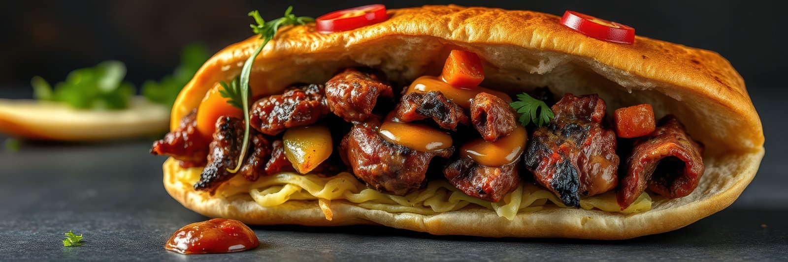 Savory sandwich filled with grilled meat and vegetables served on a fresh bun